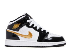 Air Jordan 1 Mid GS 'Patent Black White Gold'